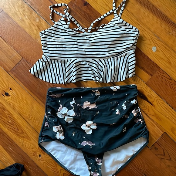 Striped Swim Suit with Floral High Waisted Bottoms - Picture 1 of 7